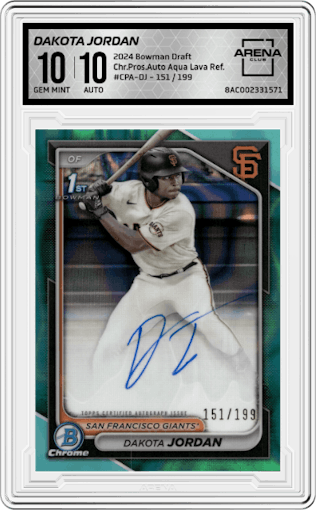 Dakota Jordan from the 2024 Bowman Draft set featuring a Aqua Lava Refractor   parallel graded by Arena Club and given an overall grade of 10.