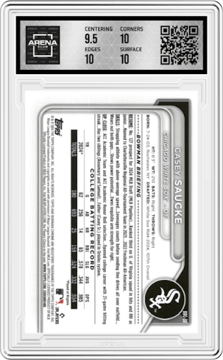 Casey Saucke from the 2024 Bowman Draft Sapphire Edition set featuring a Black parallel graded by Arena Club and given an overall grade of 10.