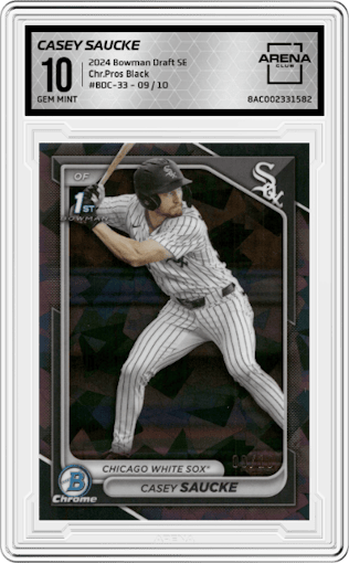 Casey Saucke from the 2024 Bowman Draft Sapphire Edition set featuring a Black parallel graded by Arena Club and given an overall grade of 10.