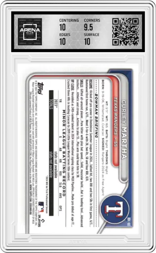 Curley Martha from the 2024 Bowman Draft Sapphire Edition set featuring a Orange parallel graded by Arena Club and given an overall grade of 10.