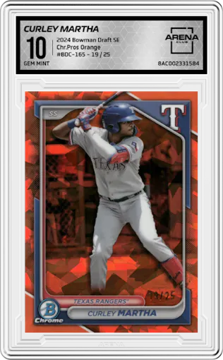 Curley Martha from the 2024 Bowman Draft Sapphire Edition set featuring a Orange parallel graded by Arena Club and given an overall grade of 10.