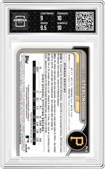 Levi Sterling from the 2024 Bowman Draft set featuring a Blue Wave Refractor parallel graded by Arena Club and given an overall grade of 9.5.