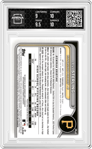 Levi Sterling from the 2024 Bowman Draft set featuring a Blue Wave Refractor parallel graded by Arena Club and given an overall grade of 9.5.