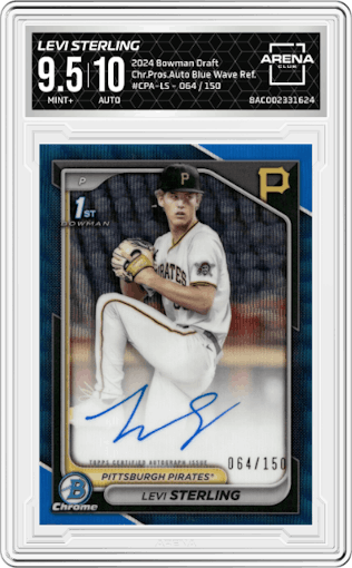 Levi Sterling from the 2024 Bowman Draft set featuring a Blue Wave Refractor parallel graded by Arena Club and given an overall grade of 9.5.