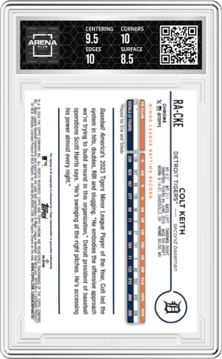 Colt Keith from the 2024 Topps Chrome Update set featuring a Lava Lamp Magenta / Purple Refractor parallel graded by Arena Club and given an overall grade of 9.