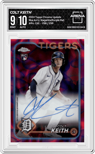 Colt Keith from the 2024 Topps Chrome Update set featuring a Lava Lamp Magenta / Purple Refractor parallel graded by Arena Club and given an overall grade of 9.