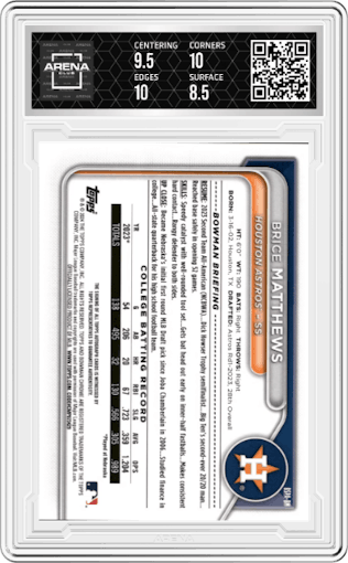 Brice Matthews from the 2024 Bowman Sapphire Edition set graded by Arena Club and given an overall grade of 9.