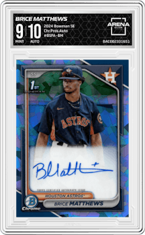 Brice Matthews from the 2024 Bowman Sapphire Edition set graded by Arena Club and given an overall grade of 9.