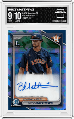 Brice Matthews from the 2024 Bowman Sapphire Edition set graded by Arena Club and given an overall grade of 9.