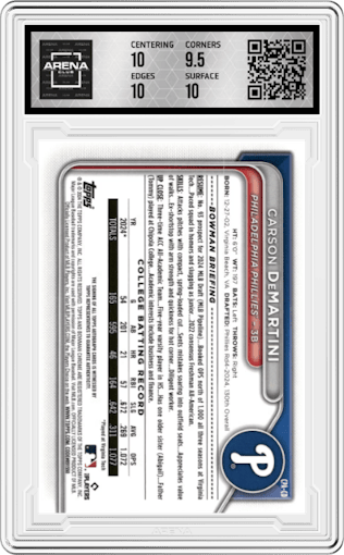 Carson DeMartini from the 2024 Bowman Draft set featuring a HTA Choice Refractor parallel graded by Arena Club and given an overall grade of 10.
