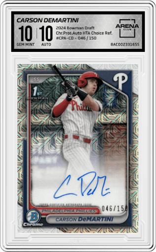 Carson DeMartini from the 2024 Bowman Draft set featuring a HTA Choice Refractor parallel graded by Arena Club and given an overall grade of 10.