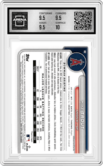 Mike Trout from the 2024 Bowman Chrome Sapphire set featuring a Gold parallel graded by Arena Club and given an overall grade of 10.