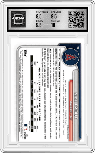 Mike Trout from the 2024 Bowman Chrome Sapphire set featuring a Gold parallel graded by Arena Club and given an overall grade of 10.
