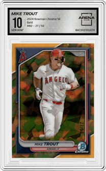 Mike Trout from the 2024 Bowman Chrome Sapphire set featuring a Gold parallel graded by Arena Club and given an overall grade of 10.