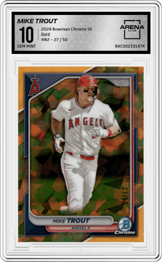 Mike Trout from the 2024 Bowman Chrome Sapphire set featuring a Gold parallel graded by Arena Club and given an overall grade of 10.