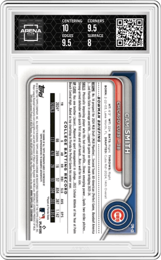 Cam Smith from the 2024 Bowman Draft set graded by Arena Club and given an overall grade of 8.5.