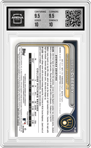 Jaron DeBerry   from the 2024 Bowman Draft set featuring a Gold Refractor parallel graded by Arena Club and given an overall grade of 10.