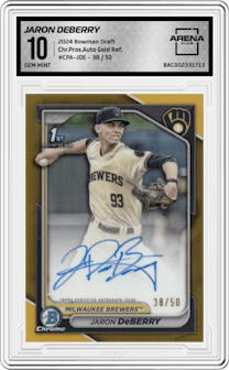 Jaron DeBerry   from the 2024 Bowman Draft set featuring a Gold Refractor parallel graded by Arena Club and given an overall grade of 10.