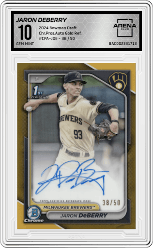 Jaron DeBerry   from the 2024 Bowman Draft set featuring a Gold Refractor parallel graded by Arena Club and given an overall grade of 10.