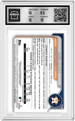 Jake Bloss from the 2024 Bowman Chrome set featuring a Gold Mini Diamond Refractor parallel graded by Arena Club and given an overall grade of 10.