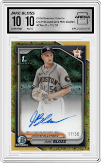 Jake Bloss from the 2024 Bowman Chrome set featuring a Gold Mini Diamond Refractor parallel graded by Arena Club and given an overall grade of 10.
