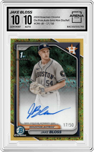 Jake Bloss from the 2024 Bowman Chrome set featuring a Gold Mini Diamond Refractor parallel graded by Arena Club and given an overall grade of 10.