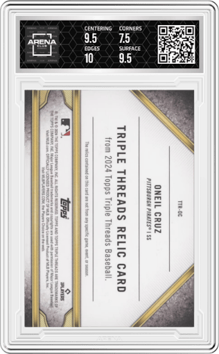 Oneil Cruz from the 2024 Topps Triple Threads set featuring a Gold  parallel graded by Arena Club and given an overall grade of 8.