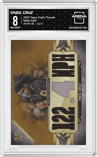 Oneil Cruz from the 2024 Topps Triple Threads set featuring a Gold  parallel graded by Arena Club and given an overall grade of 8.