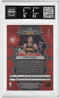 Trae Young from the 2022-23 Panini Mosaic set featuring a Pink Swirl parallel graded by Arena Club and given an overall grade of 9.5.