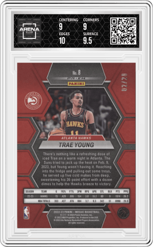 Trae Young from the 2022-23 Panini Mosaic set featuring a Pink Swirl parallel graded by Arena Club and given an overall grade of 9.5.