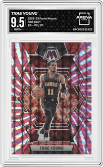 Trae Young from the 2022-23 Panini Mosaic set featuring a Pink Swirl parallel graded by Arena Club and given an overall grade of 9.5.