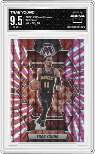 Trae Young from the 2022-23 Panini Mosaic set featuring a Pink Swirl parallel graded by Arena Club and given an overall grade of 9.5.