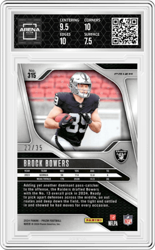 Brock Bowers from the 2024 Panini Prizm set featuring a White Prizm parallel graded by Arena Club and given an overall grade of 8.