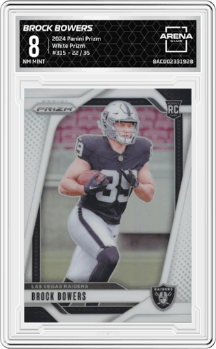 Brock Bowers from the 2024 Panini Prizm set featuring a White Prizm parallel graded by Arena Club and given an overall grade of 8.