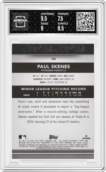 Paul Skenes from the 2024 Topps Museum Collection set featuring a Blue Topaz parallel graded by Arena Club and given an overall grade of 8.