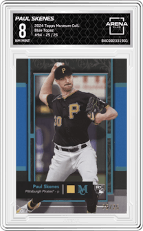 Paul Skenes from the 2024 Topps Museum Collection set featuring a Blue Topaz parallel graded by Arena Club and given an overall grade of 8.