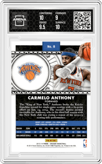 Carmelo Anthony from the 2013-14 Panini Crusade set featuring a Silver parallel graded by Arena Club and given an overall grade of 9.5.