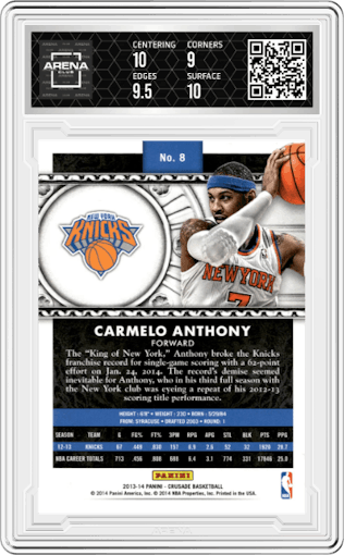 Carmelo Anthony from the 2013-14 Panini Crusade set featuring a Silver parallel graded by Arena Club and given an overall grade of 9.5.