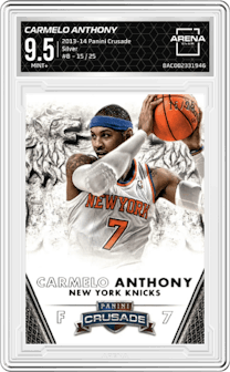 Carmelo Anthony from the 2013-14 Panini Crusade set featuring a Silver parallel graded by Arena Club and given an overall grade of 9.5.
