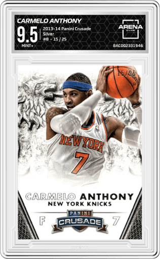 Carmelo Anthony from the 2013-14 Panini Crusade set featuring a Silver parallel graded by Arena Club and given an overall grade of 9.5.