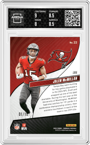 Jalen McMillan from the 2024 Donruss set featuring a Lava parallel graded by Arena Club and given an overall grade of 8.5.