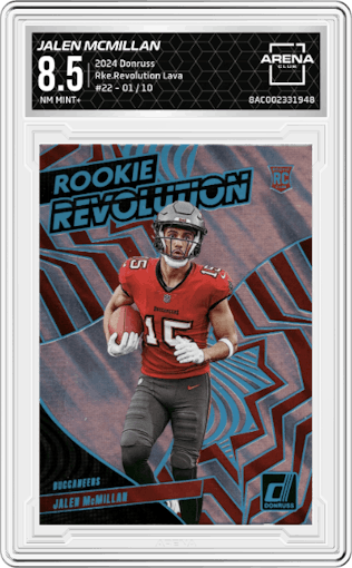 Jalen McMillan from the 2024 Donruss set featuring a Lava parallel graded by Arena Club and given an overall grade of 8.5.