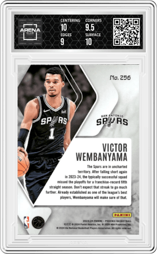 Victor Wembanyama from the 2023-24 Panini Phoenix set featuring a Blue Ice parallel graded by Arena Club and given an overall grade of 9.5.