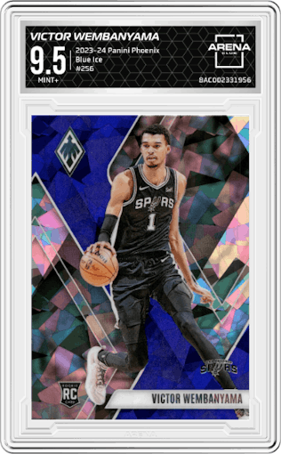 Victor Wembanyama from the 2023-24 Panini Phoenix set featuring a Blue Ice parallel graded by Arena Club and given an overall grade of 9.5.