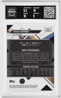 Trae Young from the 2023-24 Finest set featuring a Die Cut Refractor parallel graded by Arena Club and given an overall grade of 9.5.