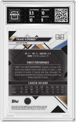 Trae Young from the 2023-24 Finest set featuring a Die Cut Refractor parallel graded by Arena Club and given an overall grade of 9.5.