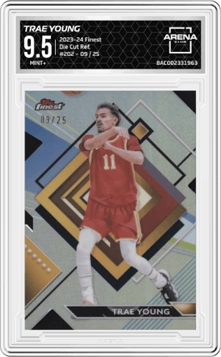 Trae Young from the 2023-24 Finest set featuring a Die Cut Refractor parallel graded by Arena Club and given an overall grade of 9.5.
