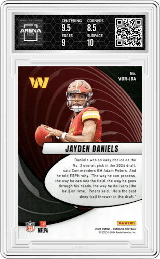 Jayden Daniels from the 2024 Donruss set graded by Arena Club and given an overall grade of 9.