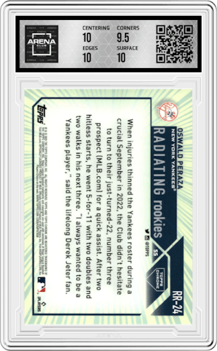 Oswald Peraza  from the 2023 Topps Chrome Update set graded by Arena Club and given an overall grade of 10.