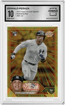 Oswald Peraza  from the 2023 Topps Chrome Update set graded by Arena Club and given an overall grade of 10.